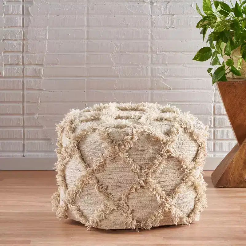 Handcrafted Boho Wool Cube Pouf with Fringe Accents