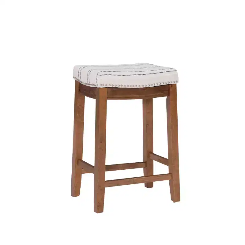 Counter Height Barstool Rustic Brown Natural Linen Upholstered Backless