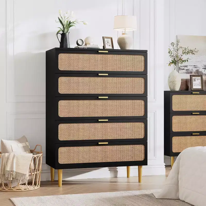 Rattan 5-Drawer Tall Dresser with Wide Top, Deep Storage Chest for Bedroom, Living Room, Closet, Natural Wood Finish