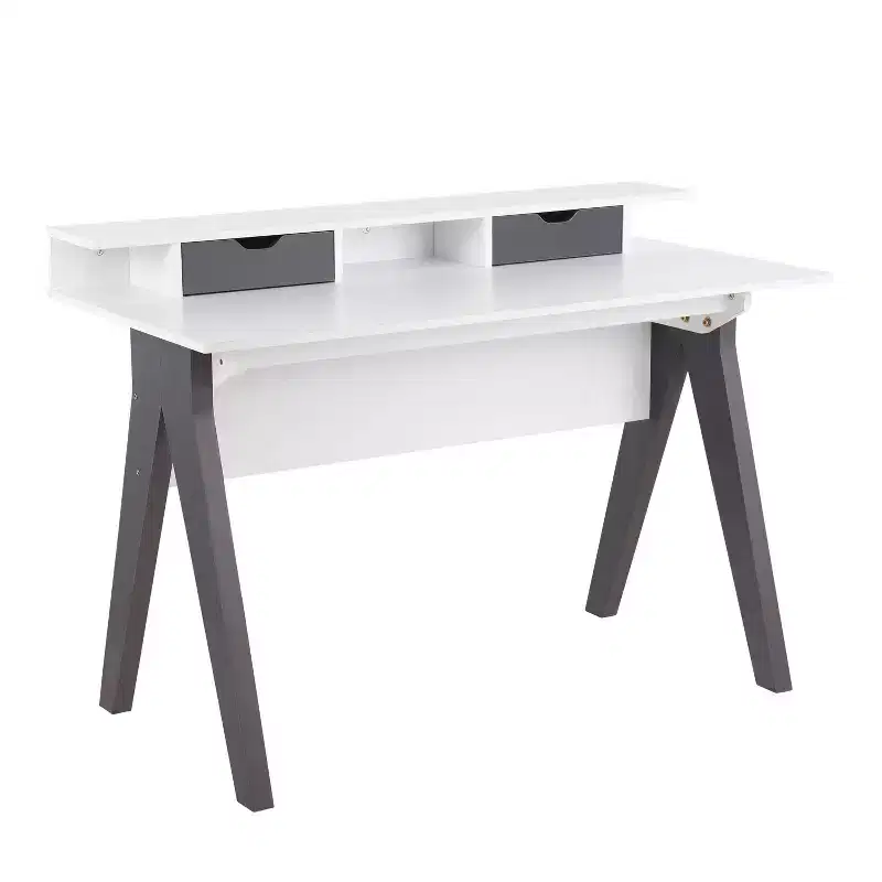 Mid-Century Modern Computer Desk with Storage Drawer and Shelf, Gray/White Wood
