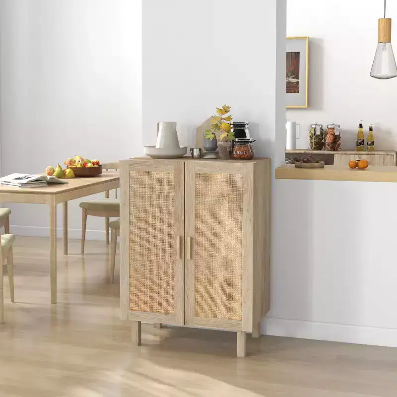 HOMCOM Buffet Cabinet, Storage Cabinet, Sideboard Floor Accent Cabinet with Rattan Doors and Adjustable Shelves for Living Room