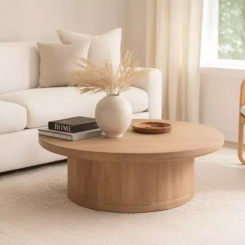 47 Inch Round Coffee Table, Handcrafted Beige Mango Wood Pedestal Base