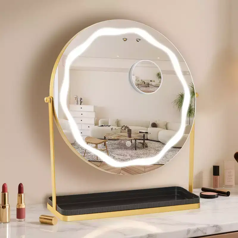19 LED Makeup Mirror with 3-Color Dimmable Lighting, Smart Touch Control, 360 Rotating, Adjustable Stand, and Storage for Vanity