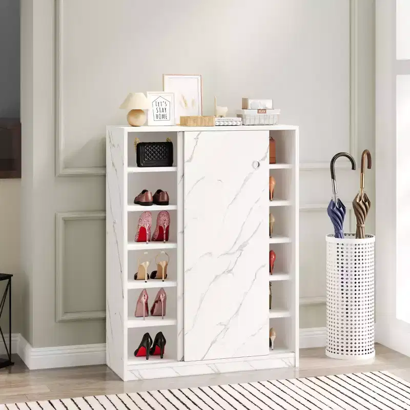 Marble White Shoe Cabinet With Sliding Door With 6 Tiers Can Hold At Least 30 Pairs Shoes
