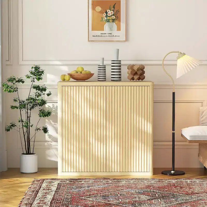 Fluted Sideboard Buffet Cabinet, 34.6in Wide Wooden Cupboard Storage Cabinet with Adjustable Shelves for Kitchen Dining Living Room