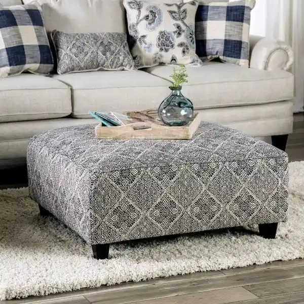 Stormy Transitional Grey Fabric Moroccan Print Cocktail Ottoman by Gracewood Hollow