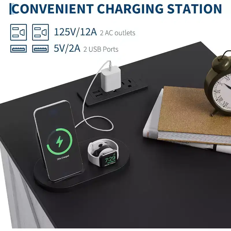 Farmhouse Rustic Nightstand with Charging Station, Modern Wood Bedside Table with 2 Drawers & Open Shelf, White Accent End Table