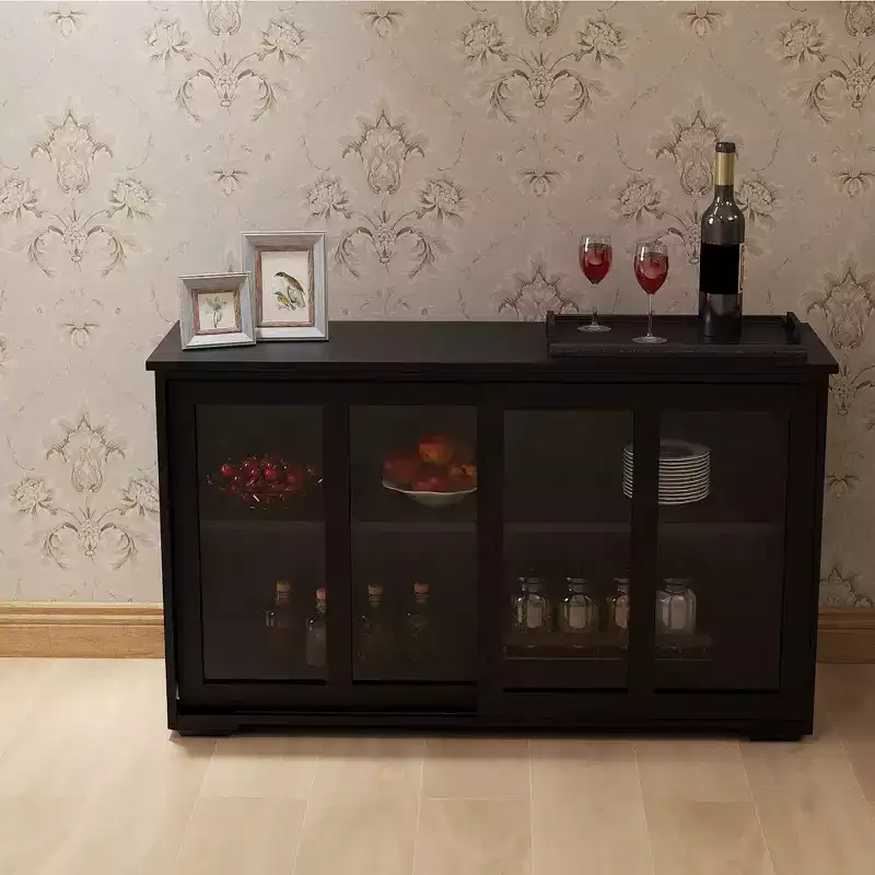 Kitchen Buffet Server Cabinet with Sliding Glass Doors, 2-Tier Adjustable Shelf, 41.9x14x24.6 in