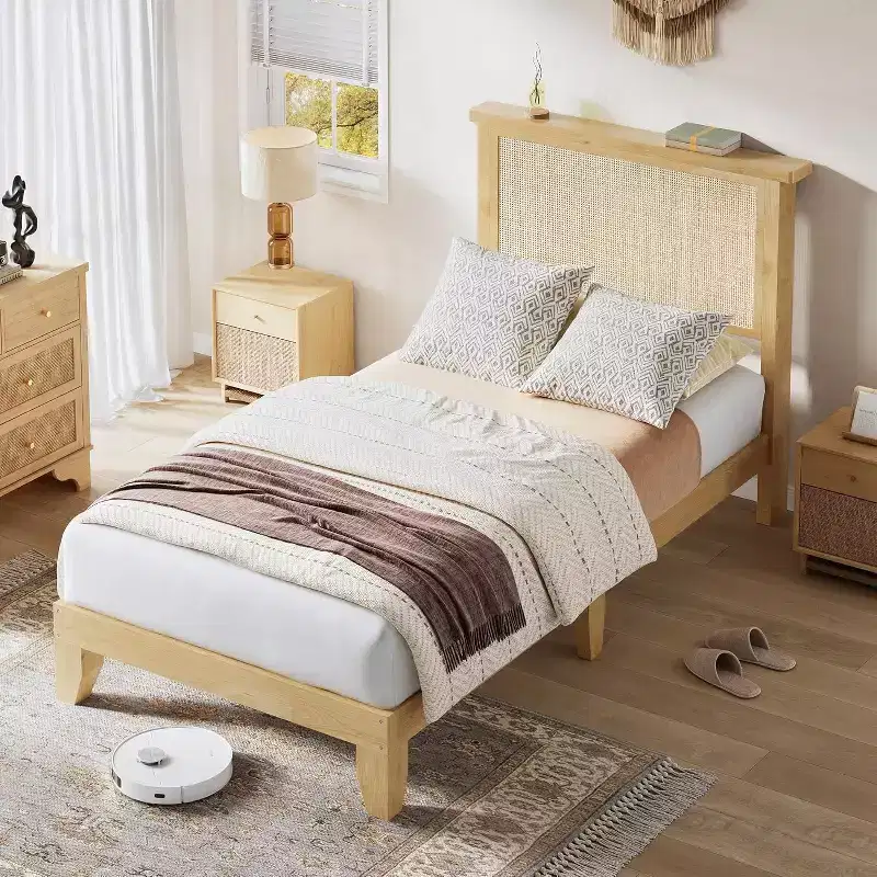 Twin Size Square Rattan & Wood Platform Bed Frame, Natural Rattan Headboard, No Box Spring Needed, Easy Assembly