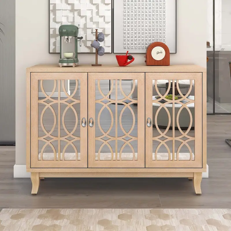 3-Door Mirrored Sideboard with Teardrop Handles – Natural / Champagne / Black, Farmhouse Style