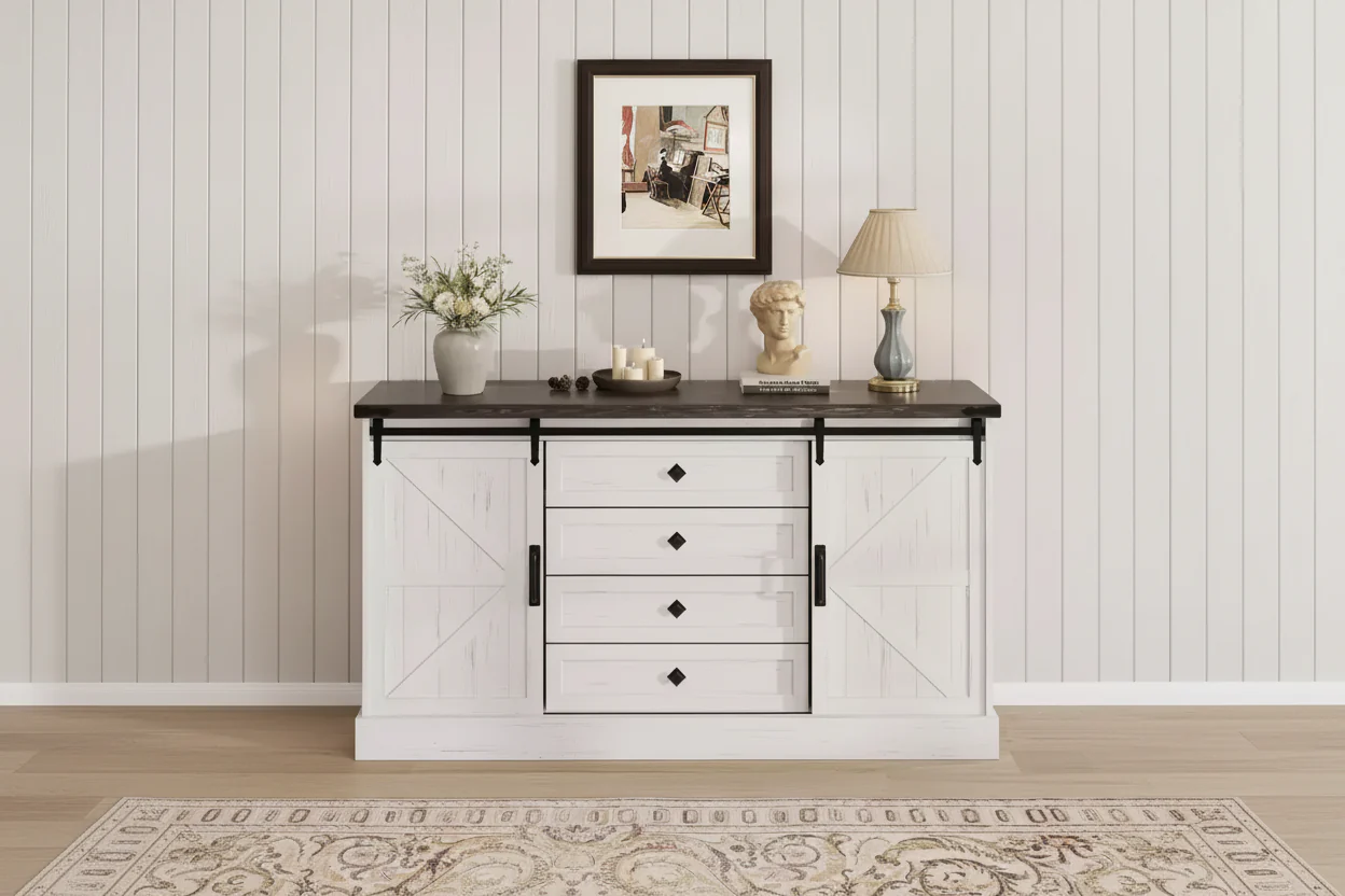 Farmhouse 59 Dresser with Sliding Barn Doors, 4-Drawer TV Stand & Storage Chest for Bedroom or Living Room