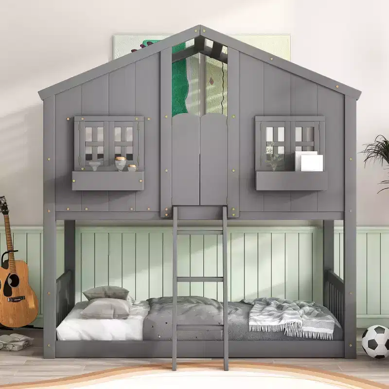 Whisen Twin over Twin House Bunk Bed with Roof, Window, Window Box, Door, with Safety Guardrails and Ladder