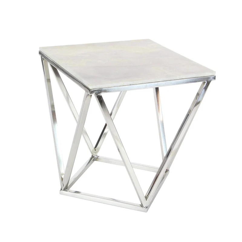Stainless Steel Metal Side End Accent Table with Marble Top - Silver -