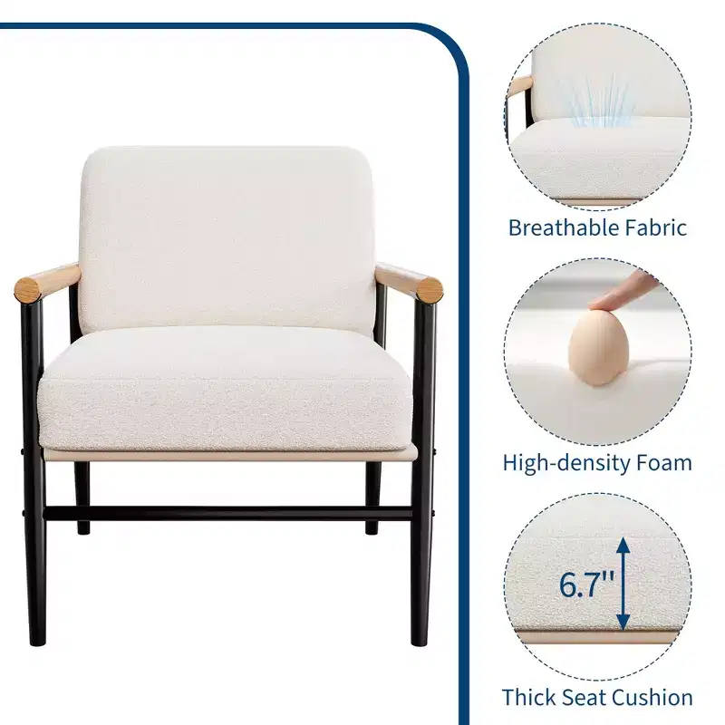 Mid-Century Accent Chair, Upholstered, Thick Cushions, Iron Frame, 300 lb Capacity