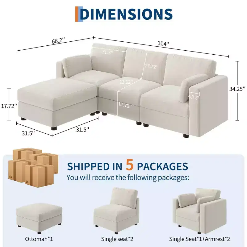 Oversized Modular Sectional Sofa,4/6 Seater Sectional Couch,104 L/136 U Shaped Sofa with Movable Ottoman,Convertible Modular Couch for Living Room
