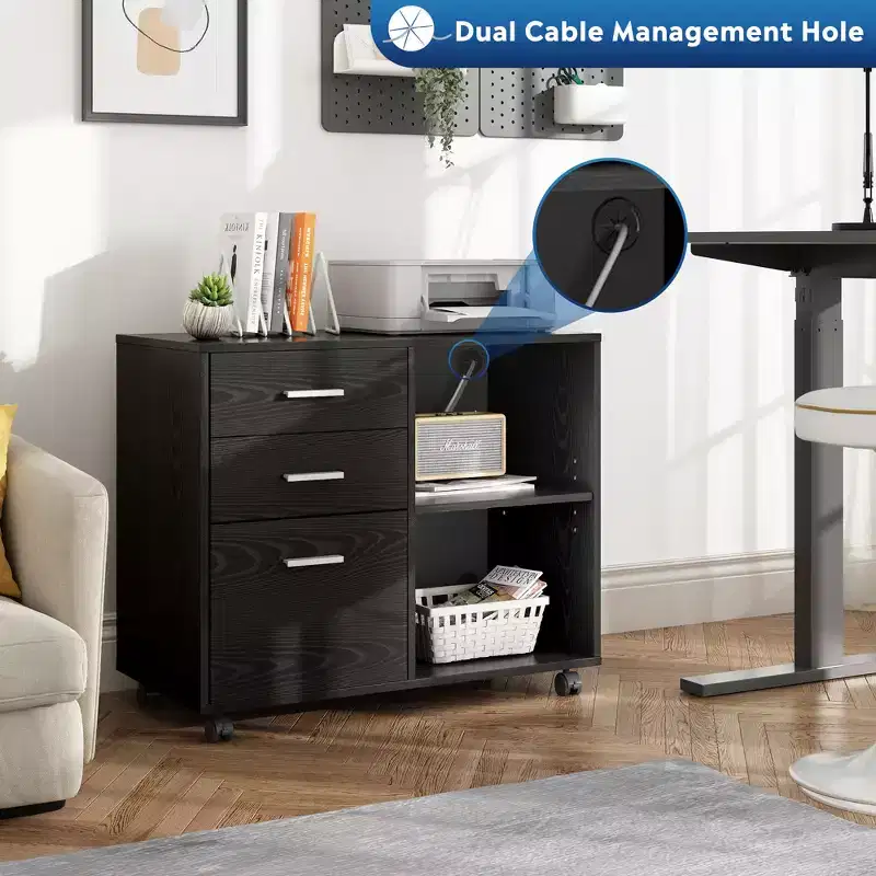 3-Drawer Wood Lateral Filing Cabinet, Mobile Printer Stand with Open Shelves for Home Office