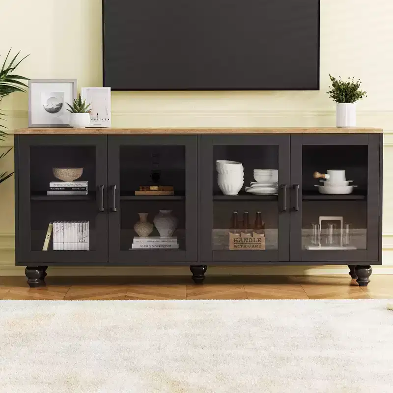 Farmhouse TV Stand with Tempered Glass Doors for TVs Up to 70, Versatile Sideboard with Adjustable Shelves