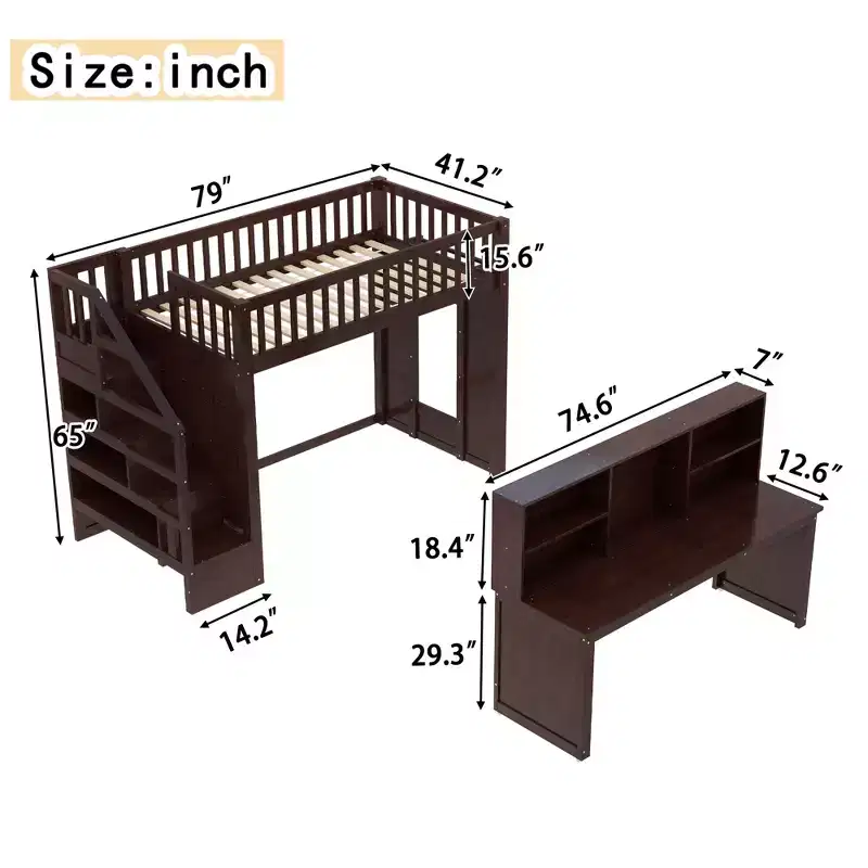 Twin Loft Bed with Movable Desk, Storage Stairs & Shelf – No Box Spring Required