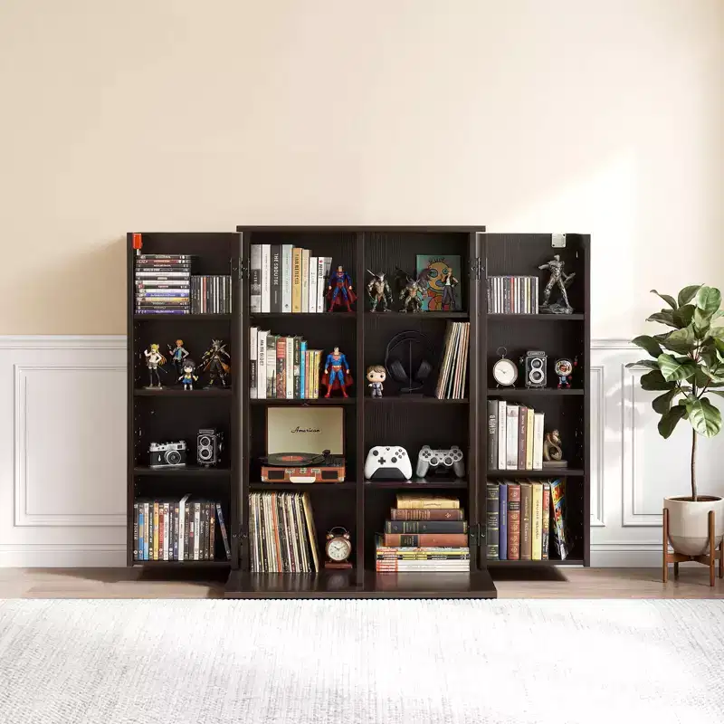 VEVOR Media Storage Cabinet, 4-Tier DVD Shelf Organizer, 24.02 x 14.49 x 33.31 in Multimedia Storage Organizer for CDs, DVDs, Books, Games, Brown