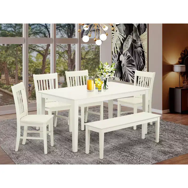 HomeStock Belmont 6 Piece dining for 6-Dining room table and 4 Wood Seat Chairs and 1 Benches in Linen White