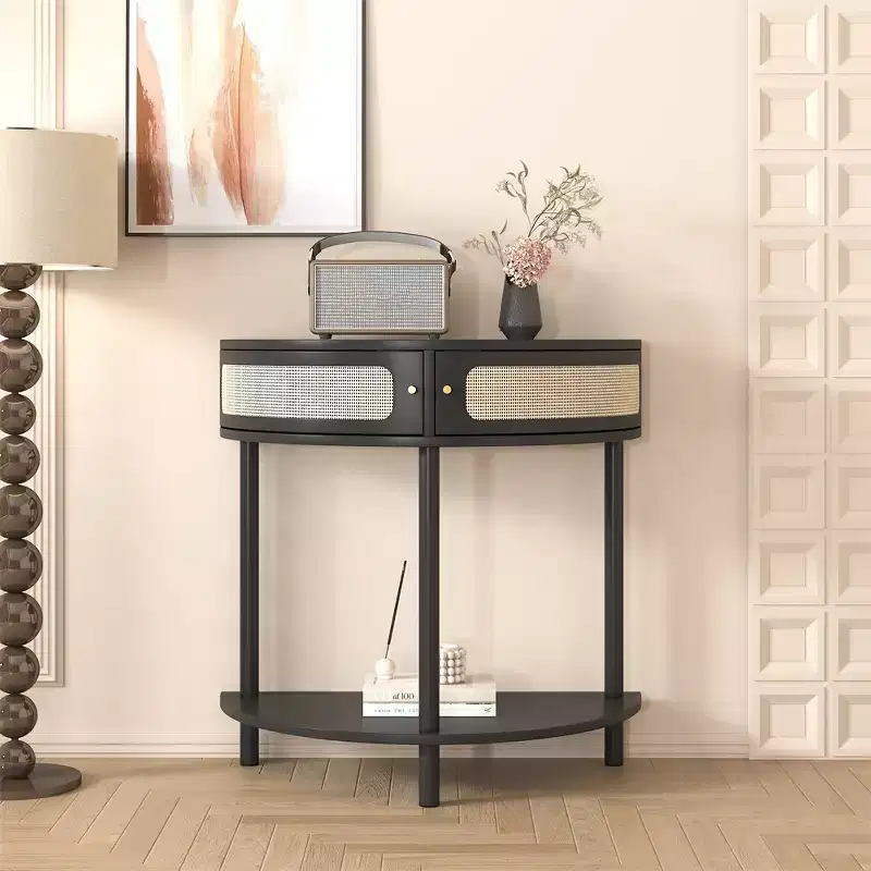 Half Moon End Table with Sliding Rattan Door, Semi-circle Entryway Console Table with Bottom Shelf for Living room Bedroom Study Hallway, Black