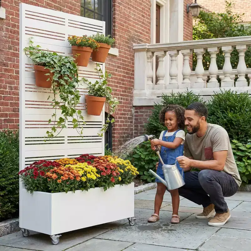 MAYEERTY White Wrought Iron Rectangular Planter with Trellis (Harold Wide-Narrow B Louvered), 72x35x16, 5-Piece Indoor Outdoor Garden Decor