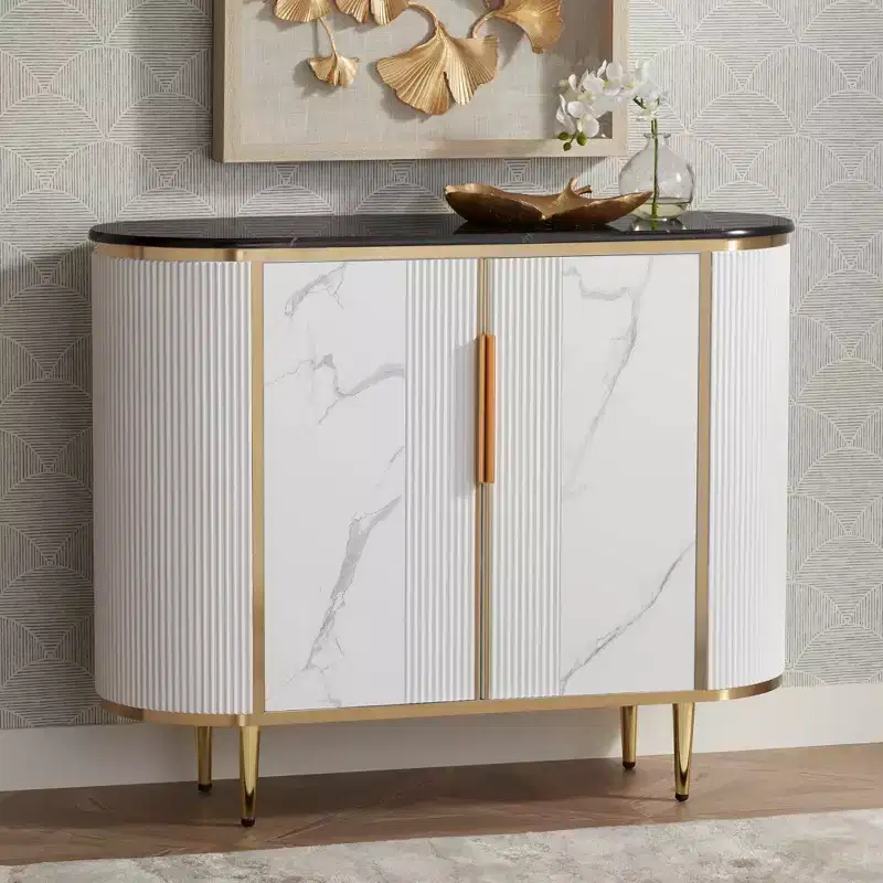 Modern White Oval Console Table 38 1/4 x 15 1/4 with Storage Black Marble Tabletop for Living Room Home