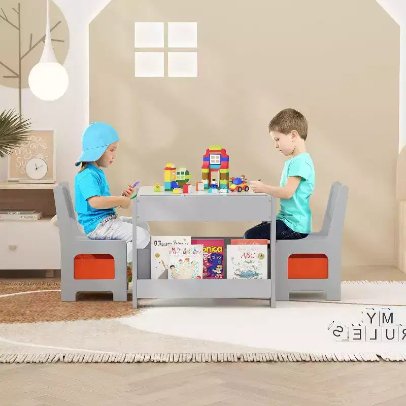 Kids Table and Chair Set - 4 in 1 Wooden Activity Table & 2 Chairs, Storage Drawer, Detachable Tabletop, for Drawing, Reading, Crafts, Art, Homework