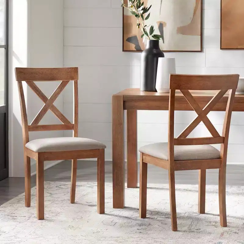 Set of 2 Farmhouse Cross Back Dining Chairs – Solid Rubberwood, Beige Linen Seat, 250lb