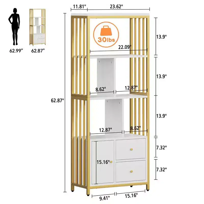 62 Gold Bookshelf 3 Drawers & Door, 4-Tier White Gold Bookcase with Metal Frame, Floor Standing Display Storage Cabinet