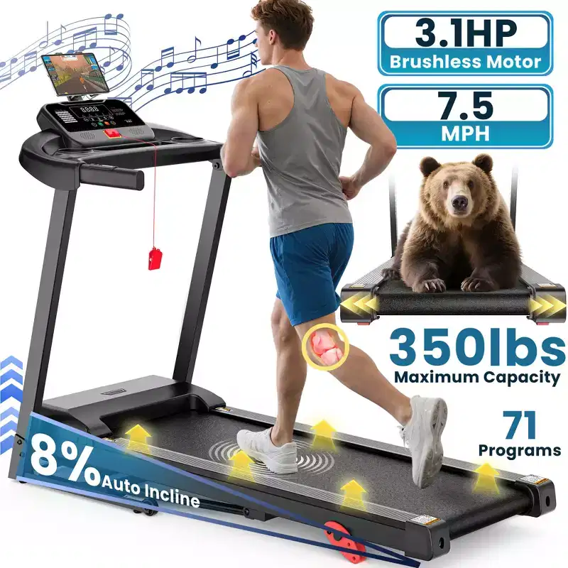 Treadmill 350LBS Capacity for Home, 3.1HP Folding Treadmill , Treadmill with 8% Incline, 7.5MPH, 71 Preset Programs, Shock Absorption