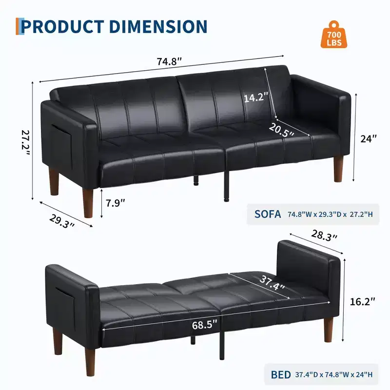 75 PU Leather Futon Sofa Bed,Convertible Loveseat, Adjustable Backrest, Side Pockets, Space-Saving Sleeper Sofa
