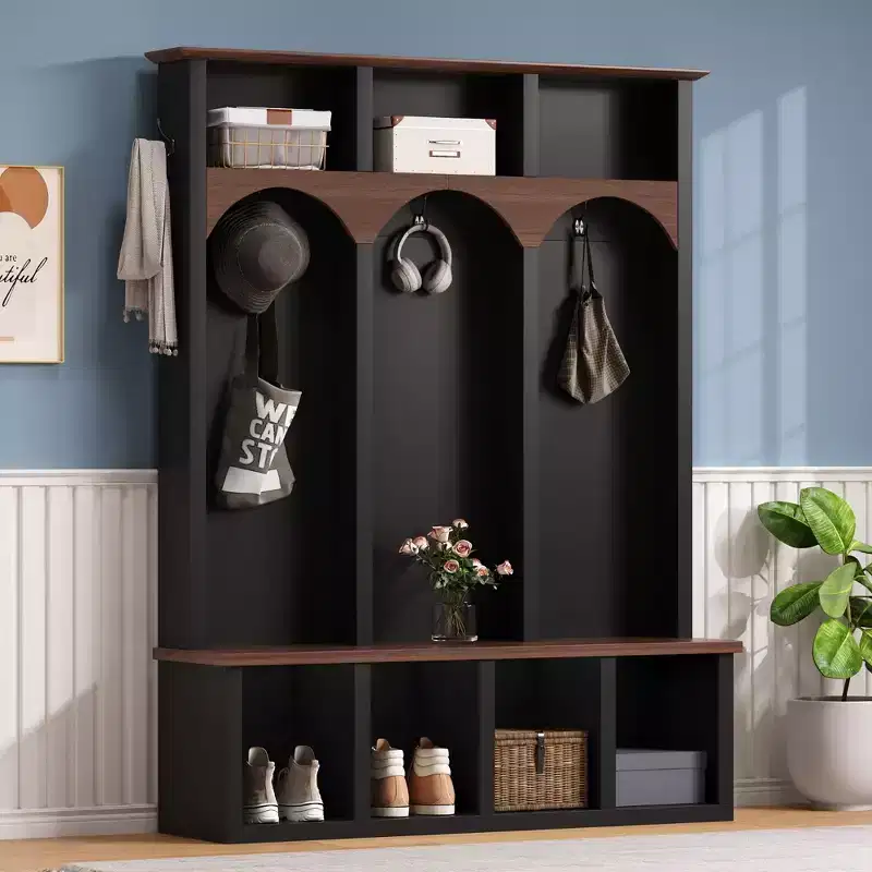 Clihome Farmhouse Wooden Style Hall Tree Storage Bench with 5 Hooks