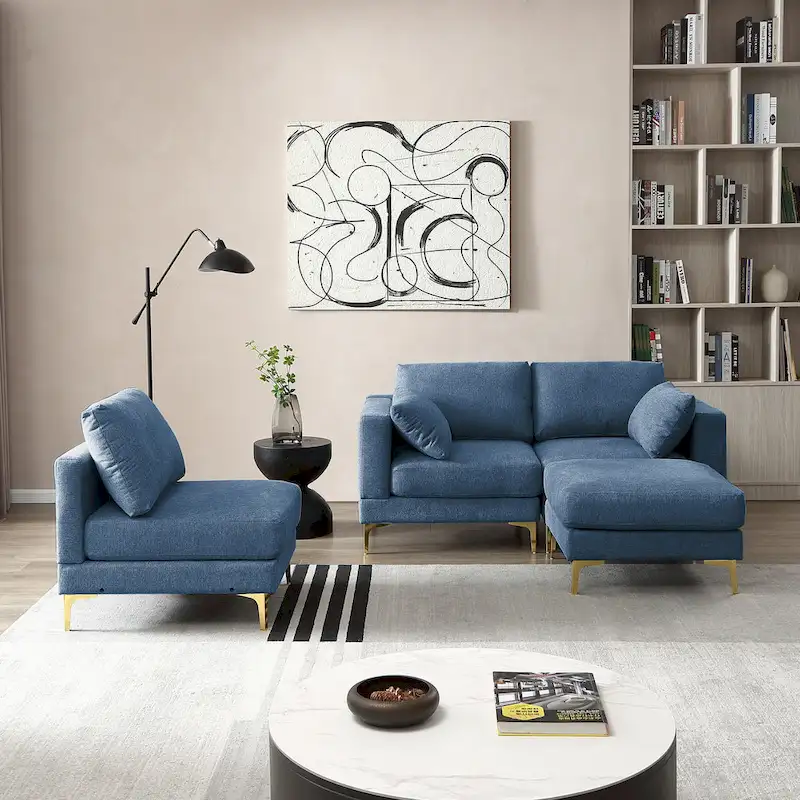 Christopher Knight Home - Beige L-Shape Sectional Sofa with Gold Metal Legs and Ottoman