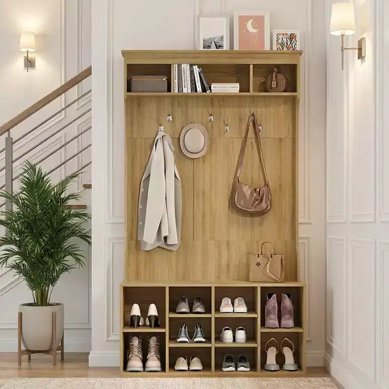 MAYEERTY Black Walnut 71 Hall Tree with Shoe Storage, 7 Hooks - Freestanding, Adjustable Bench, Mudroom