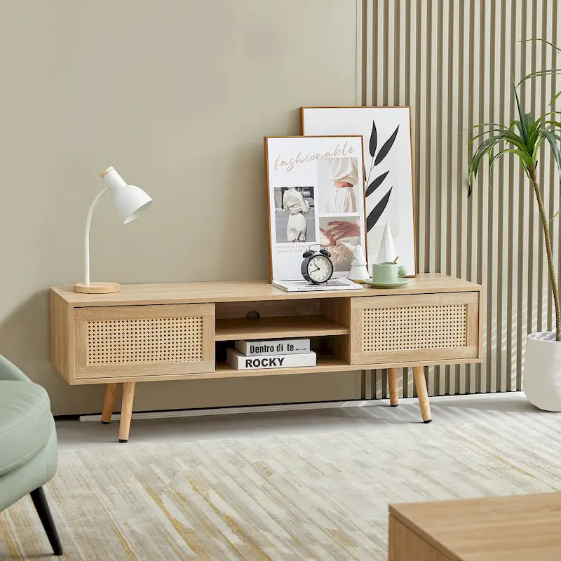55.12 TV Stand with Double Sliding Doors, Solid Wood Legs and Adjustable Shelf for Living Room