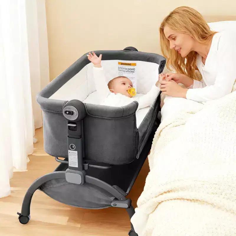 3-in-1 Baby Crib, Adjustable Bedside Sleeper with Wheels & Mosquito Net, Portable Bassinet Bassinet, Breathable Fabrics for Newborn to Toddler