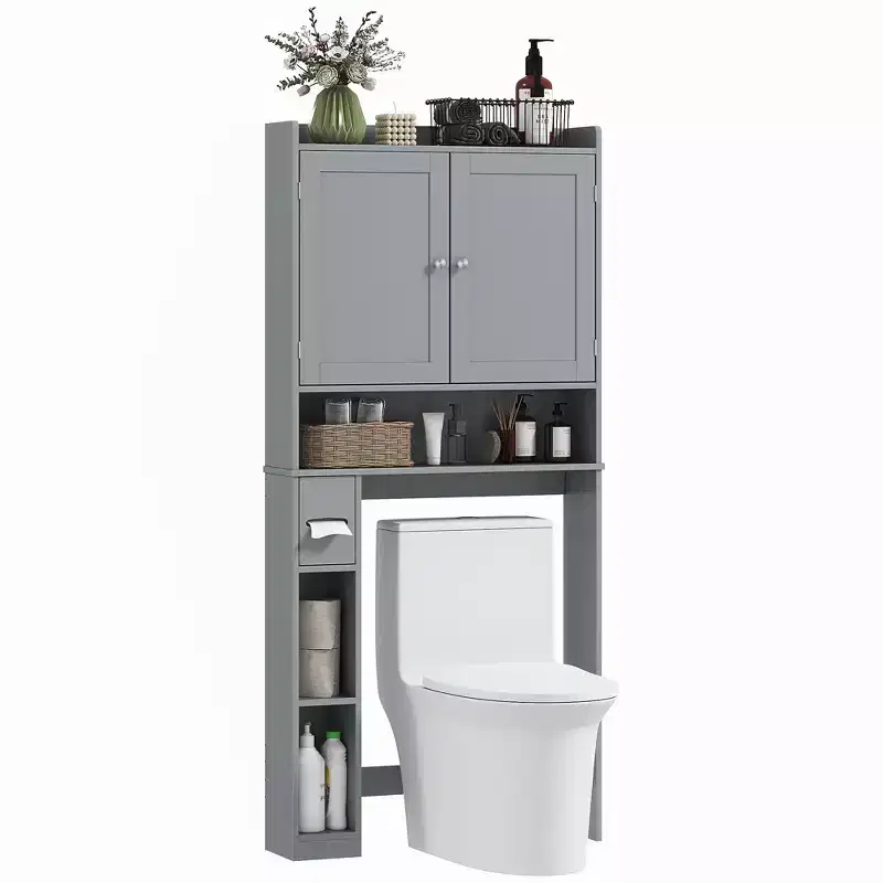 HOMCOM Over the Toilet Storage Cabinet, Modern Above Toilet Bathroom Organizer with 2 Doors, Toilet Paper Holder, Freestanding Space Saver