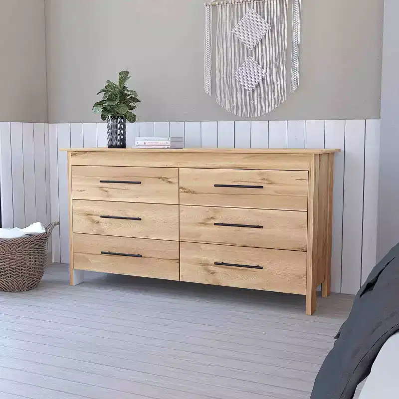 Okak Modern 6 Drawer Double Dresser, 31.7 Tall Storage Cabinet with Metal Gliders & Elevated Base,Bedroom Dresser for Clothes Organization, Oak