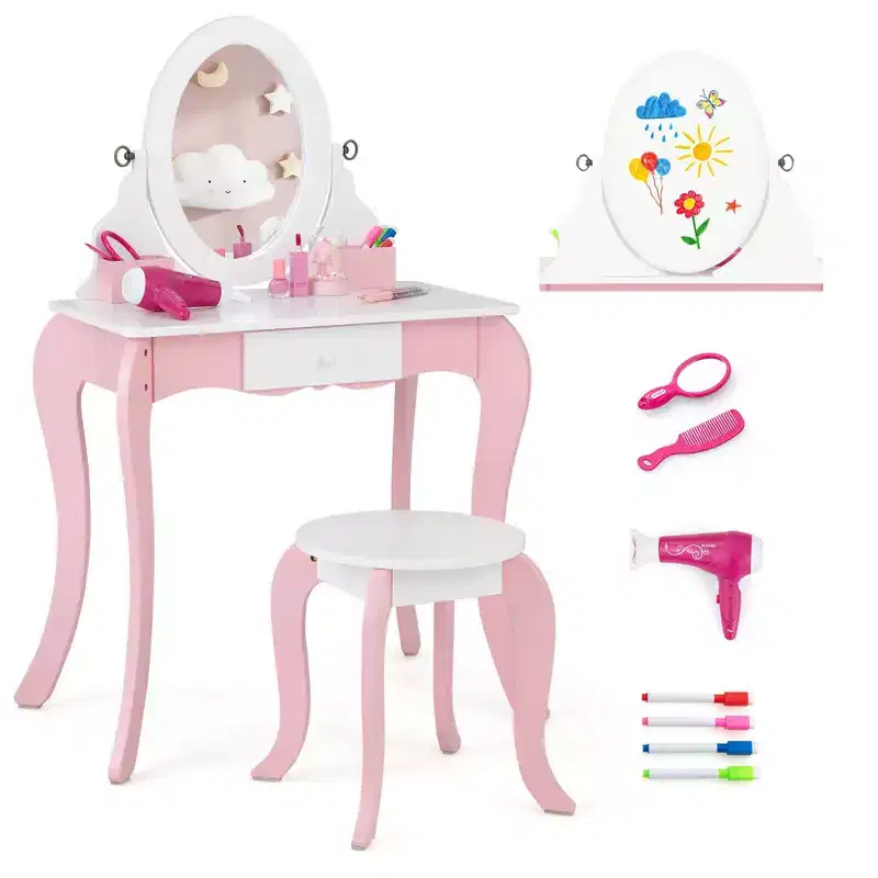 Costway Pretend Kids Vanity Set Makeup Dressing Table 2-in-1 Mirror & Whiteboard