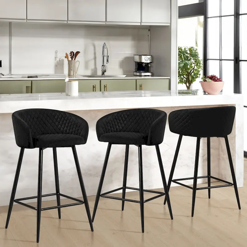 Velvet Upholstered Counter Height Bar Stools with Arms & Metal Legs - 33.9 H x 20.1 W x 20.7 D