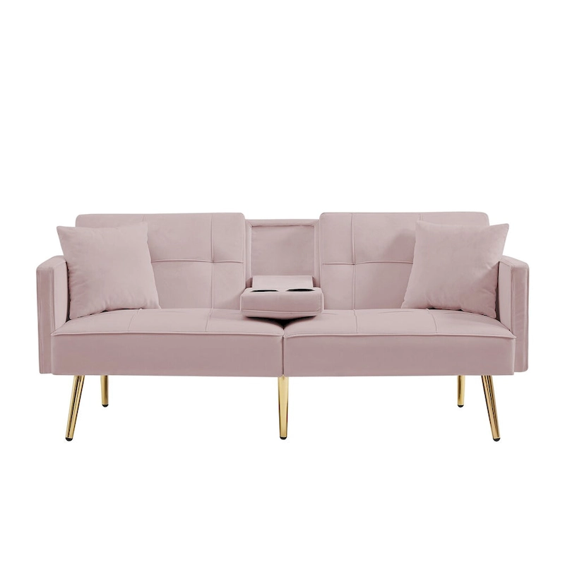 Pink Velvet Sofa Bed, Converts, Adjustable Positions, Central Armrest