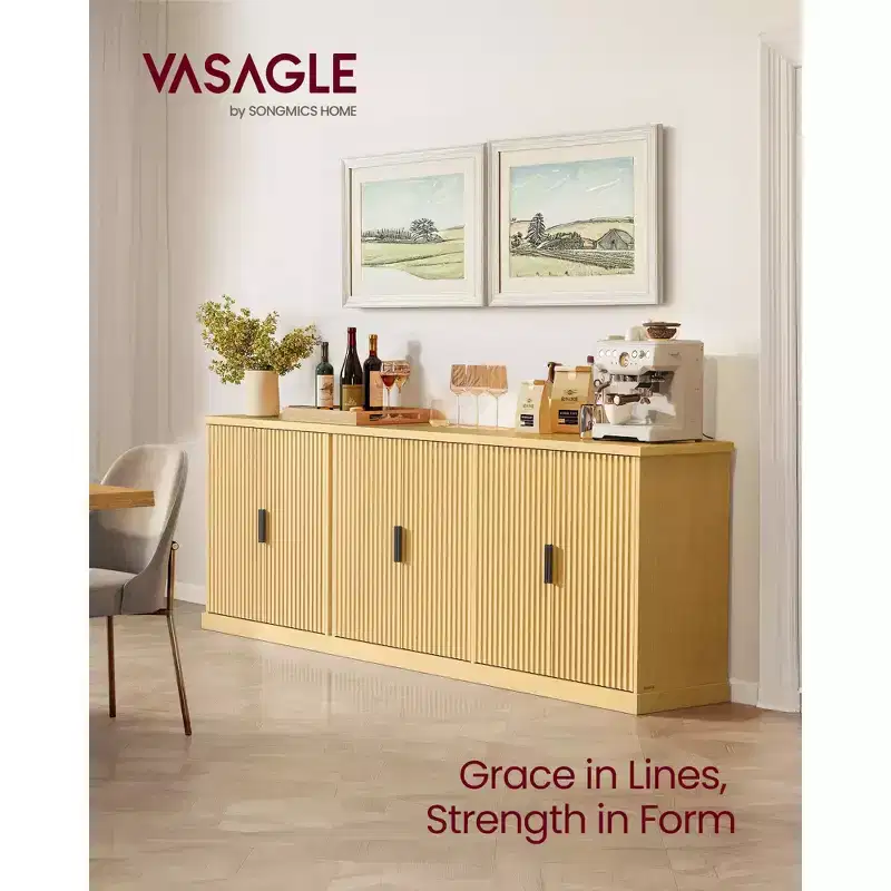 VASAGLE MAXE Collection - Sideboard, Kitchen Cabinet, Storage Cabinet with Adjustable Shelf, Ribbed Doors, Transitional Style, Oak Beige
