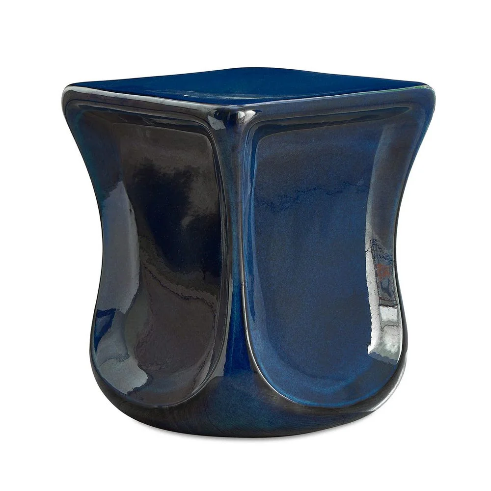 Deep Blue Glazed Earthenware Sculptural Garden Stool