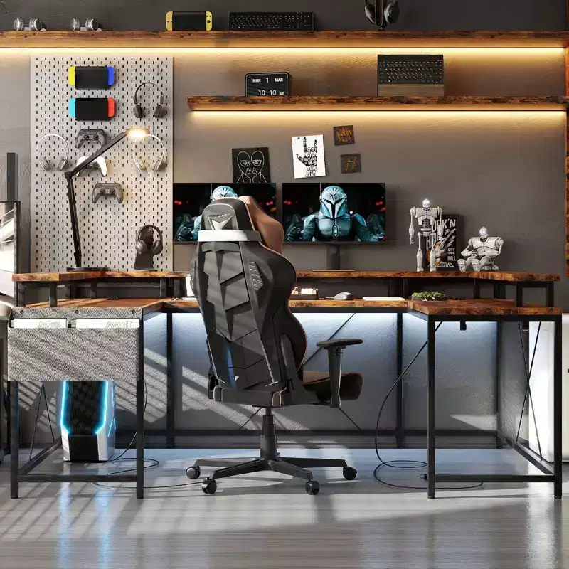 Large U-Shaped Corner Computer Desk with Power, LED Lights, Monitor Stand and Storage for Home Office & Executive Use
