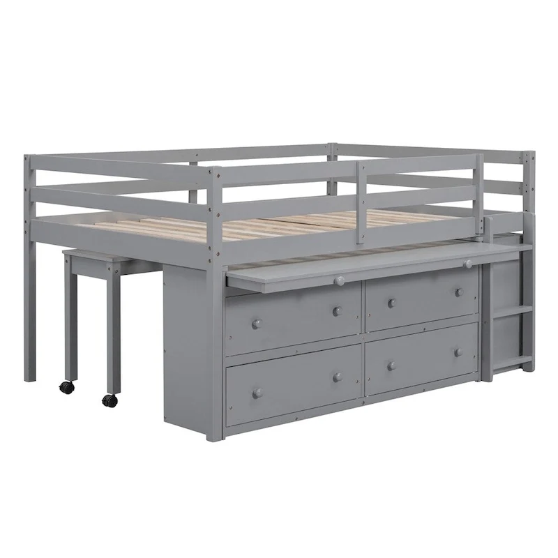 Full Size Wood Loft Bed with Retractable Writing Desk and 4 Drawers