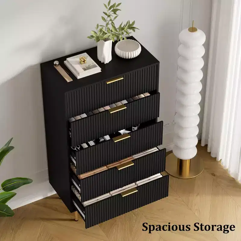 Fluted 5-Drawer Wood Dresser, Tall Chest of Drawers for Bedroom, Black