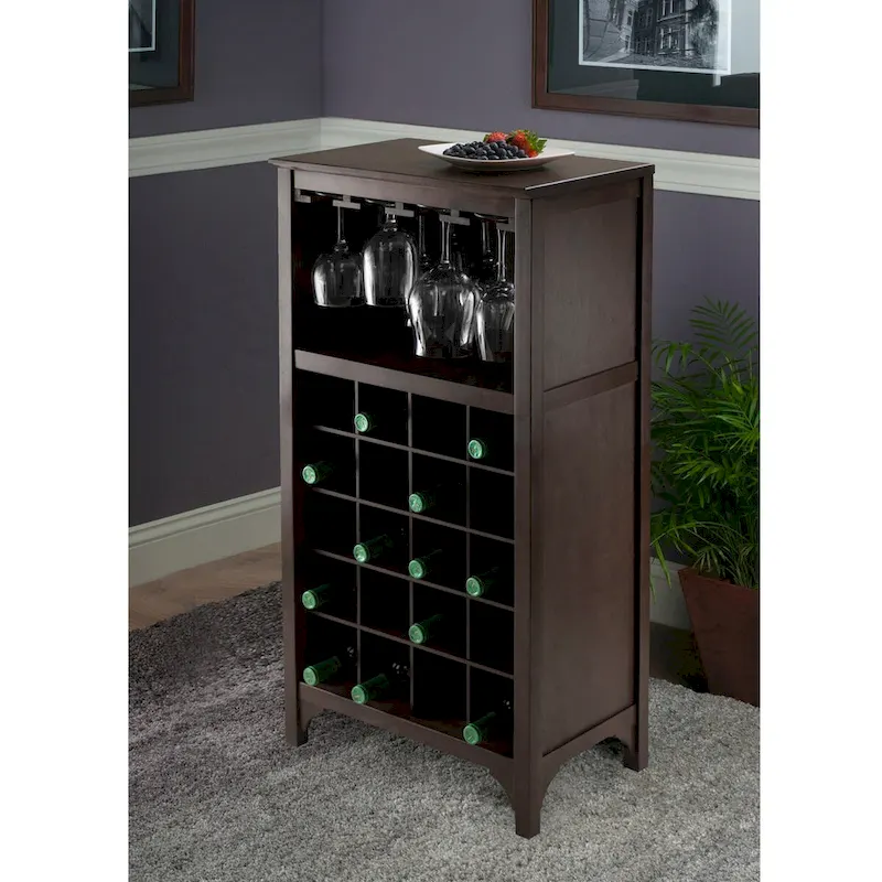 20-Bottle Wine Cabinet with Glass Hanger – Espresso, Solid & Composite Wood, Modular