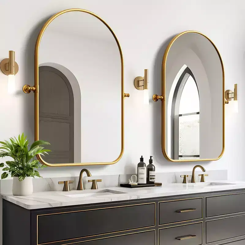 Iron Art Round Corner Arch-shaped Gold Color Rotatable Hardware Wall Mirror 91*61*4cm