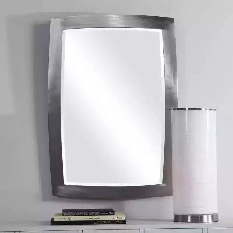 Rectangular Vanity Decorative Wall Mirror Modern Beveled Silver Brushed Nickel Iron Frame 24 Wide for Bathroom Bedroom